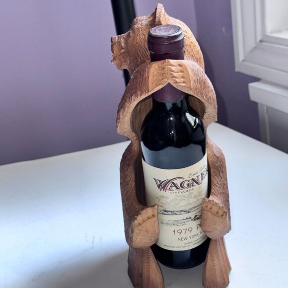 Vintage Wooden Bear Statue Hand Carved Standing Sculpture 11" tall Bottle Holder - Picture 1 of 7